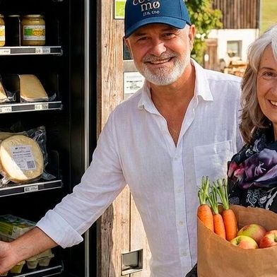 Andreas Schubert, der im Juni 2025 im Alter von 61 Jahren die Plattform Kiosk Scout gründete, zusammen mit einer Kundin an einem Verkaufsautomaten. (Bild: Kiosk Scout)