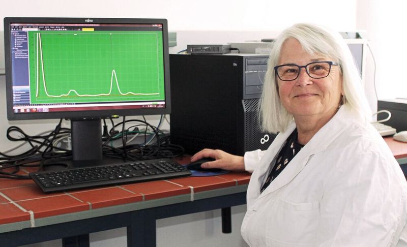 Teamleiterin Prof. Dr. Birgitta Wöhrl bei der Analyse eines Messergebnisses. Die Kurve zeigt die UV-Absorption der aufgetrennten Proteine an. (Bild: Christian Wißler)