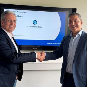 Dr Georg Holzinger, Managing Executive Officer of Shibura Machine and spokesperson for the management board of Shibura Machine LWB , and Rachid Douibi, Managing Director of Azhar Cons SARL, agreed on a sales partnership.(Source:  Shibaura Machine LWB)