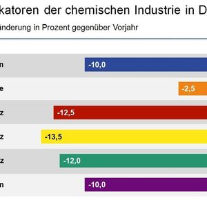 Der Gesamtumsatz der deutschen chemischen Industrie verfehlte 2009 das Vorjahresniveau um 12,5 Prozent und sank auf 154,4 Milliarden Euro. Im Auslandsgeschäft setzte die Erholung etwas früher ein als beim Inlandsabsatz. (Quelle: VCI-Schätzung)