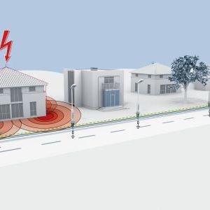 Die Straßenbeleuchtung ist durch Blitze und Potenzialanhebung bei einem Blitz-Naheinschlag in Gebäude gefährdet. Dabei entsteht eine Überspannung durch induktive Einkopplung.(Bild:  Phoenix Contact)