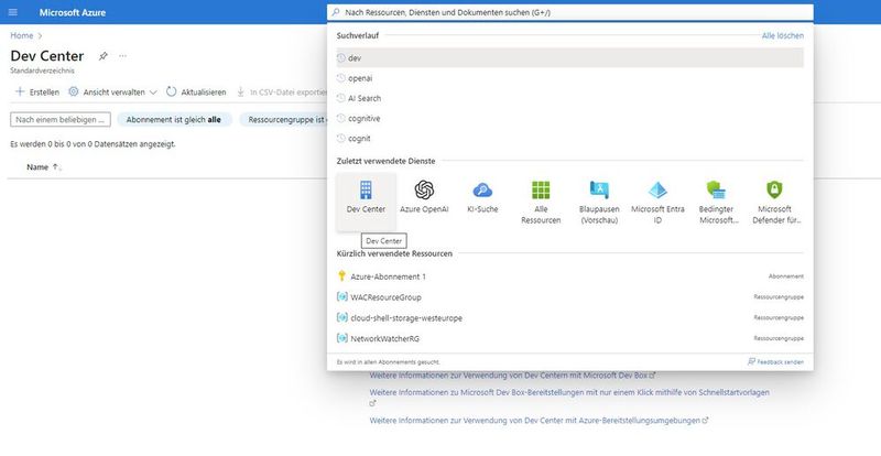 Das Dev Center ist die Basis für die Erstellung von Dev Boxes, welche im Azure-Portal erfolgt. (Bild: Joos / Microsoft)