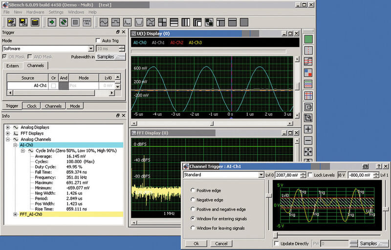 Messtechnik-Software: SBench 6 im Betrieb als Oszilloskop/Spektrum-Analysierer mit einer 2-Kanal-Karte und einer Auflösung von 14 Bit bei 500 MS/s (Spectrum)