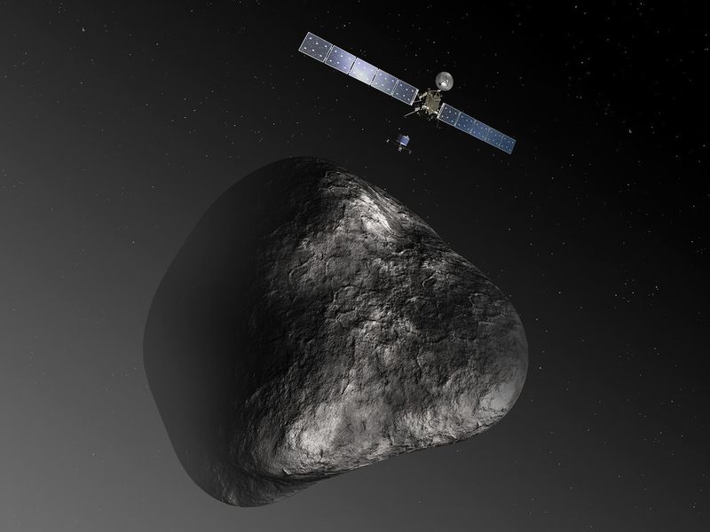 Künstlerische Darstellung der Rosetta-Sonde, die an ihrem Ziel, dem Kometen 67P/Churyumov–Gerasimenko, angekommen ist. Das Bild ist nicht maßstabsgerecht: Die Sonde hat einen Durchmesser von 32 m inklusiver der Solarpanele, der Durchmesser des Kometenkerns beträgt etwa 4 km. (Bild:  ESA–C. Carreau/ATG medialab)