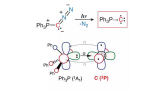 Synthese von monosubstituiertem Ph3P→C durch lichtgetriggerte Stickstoffeliminierung (oben) und theoretische Beschreibung der Bindung (unten), die zeigt, dass der Kohlenstoff in seinem atomaren Triplett-Grundzustand vorliegt. (Bild: Dimitrios Pantazis / MPI für Kohlenforschung)