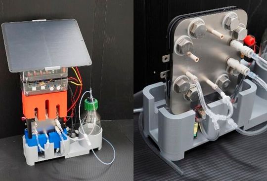 The artificial photosynthesis system produces formic acid from carbon dioxide and water. The right image shows the group’s unique electrolyzer. (Source:  Osaka Metropolitan University)