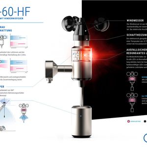 Der FSG Windmesser AN-60-HF mit LED-Einheit (im Bild die Ausführung mit Zentralbefestigung) besitzt eine Lichtstärke von 10 oder 32 cd, der Windsensor misst Geschwindigkeiten bis 50 m/s.(Bild:  Fernsteuergeräte Kurt Oelsch GmbH)