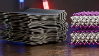 Combination of a model from a scanning electron microscope image (left) with a section of the underlying crystal structure of a studied MXene with precisely controlled surface terminations. (Image:B. Schröder/HZDR)