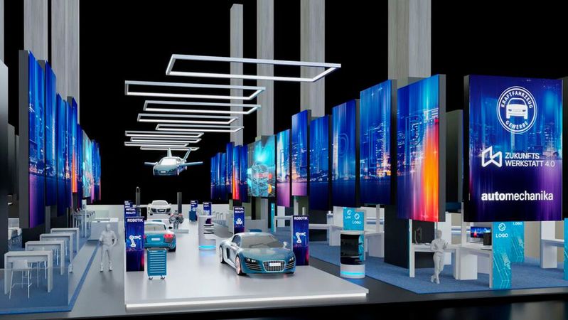 Der Entwurf des Gemeinschaftsstandes von ZDK und Zukunftswerkstatt 4.0 in Kooperation mit der Automechanika Frankfurt(Bild:  COX GmbH)