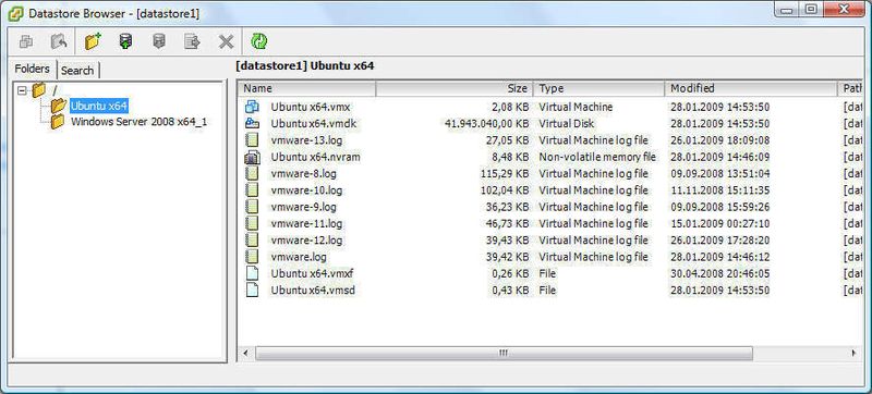 Der Datastore-Browser ermöglicht die Arbeit mit ESX-Dateien und Datenspeichern mit den Bordmitteln des VI-Clients. (Archiv: Vogel Business Media)