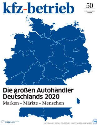 Die »kfz-betrieb«-Schwerpunktausgabe 50/2020 „Die großen Autohändler Deutschlands“ können Sie zum Preis von 9,90 Euro per Mail an doris.moser@vogel.de bestellen. Lieferung nur solange der Vorrat reicht!(Bild:  Vogel Communications Group)