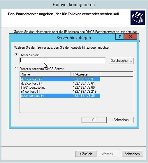 Abbildung 5: Durch einen Klick auf „Server hinzufügen“ lassen sich alle autorisierten DHCP-Server im Netzwerk anzeigen. Hier wird der zweite Server einfach ausgewählt. Die Replikation erlaubt nur ein Failover zwischen zwei Servern. (Joos)