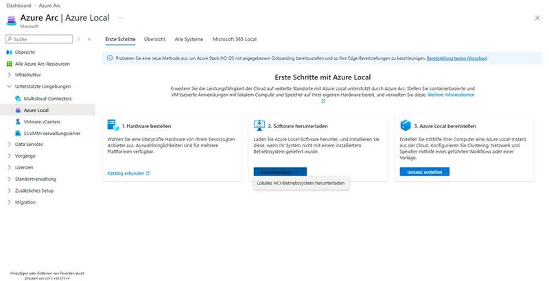 Das Azure Arc Center führt Administratoren über drei Kacheln durch Hardware-Bestellung, OS-Download und Cluster-Erstellung und stellt das Azure Stack HCI-Betriebssystem direkt zum Download bereit. (Bild: Joos | Microsoft)