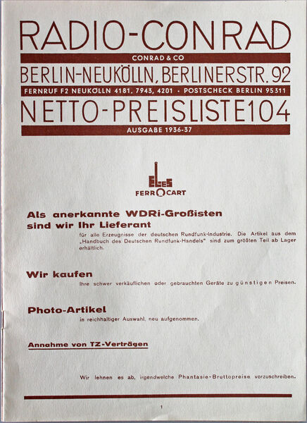 1936, erster Conrad Katalog: Radio- und Fernsehzubehör sowie Fotoapparate auf 16 Seiten. (Bild: Conrad)