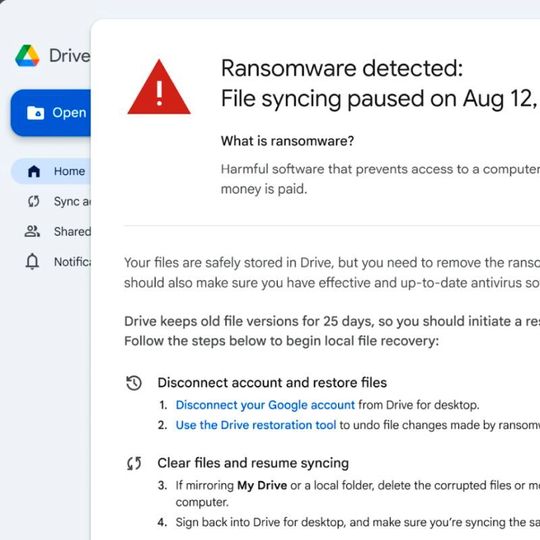 Google Drive verfügt über einen KI-basierten Schutz vor Mal- und Ransomware.(Bild:  Joos / Google)