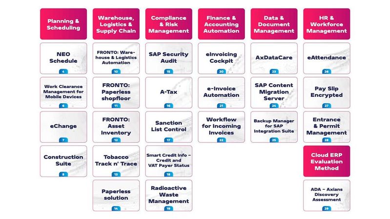 Axians Katalog mit SAP-Add-ons umfasst 24 spezialisierte Lösungen.(Bild:  Axians)