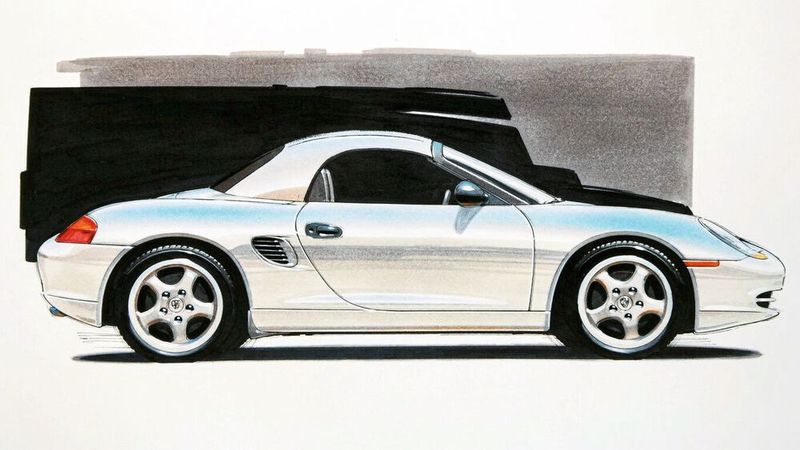 Serienahe Zeichnung des neuen Boxster Mitte der Neunzigerjahre. (Bild: Porsche AG)
