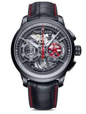 Masterpiece Chronograph Skeleton: Der Masterpiece Chronograph Skeleton vereint die technischen Anforderungen eines mechanischen, offen gearbeiteten Uhrwerks mit einer nützlichen Komplikation, dem Chronographen. Letzterer zeichnet sich durch eine Hochveredelung, einschließlich Damaszierung der Brücken und der Schwungmasse, aus. Das 45 mm große Gehäuse ist in einer schwarzen PVD- oder in einer Edelstahl-Ausführung erhältlich. Die Kombination von satinierten und polierten Oberflächen erzeugt dabei eine spannungsvolle Anmutung. Die Stunden- und Minutenzeiger sind mit einer Leuchtbeschichtung versehen, Hersteller Maurice Lacroix SA, Biel, Schweiz.  (Bild: Red Dot /  Maurice Lacroix SA)