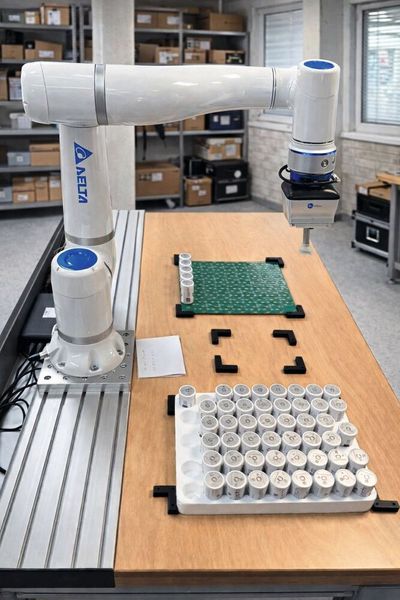 Bisherige manuelle Schritte wie das Bestücken großer Bauelemente lassen sich mithilfe eines Roboters automatisieren. (Bild: Delta Electronics)