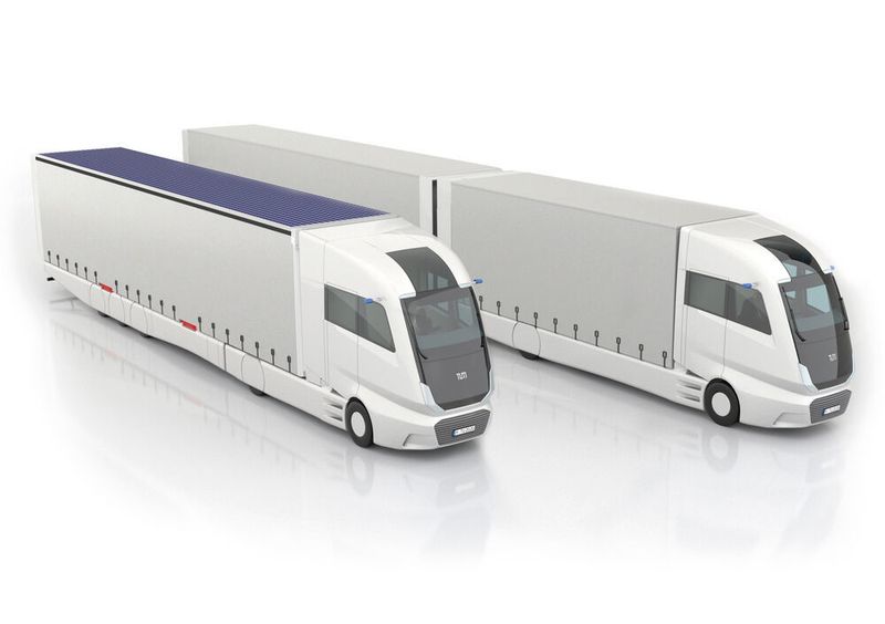 Lang-Lkw mit einer Länge von 25,25 m sollen für einen effizienten Güterverkehr ideal sein. Dabei ersetzen zwei Lang-Lkw drei Lkw von normaler Länge. So kann Kraftstoff eingespart werden. (TUM, Lehrstuhl Industrial Design, S. Rauchbart, W. Wilden)