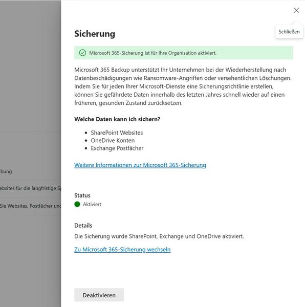 Erfolgreiche Aktivierung von Microsoft 365 Backup. (Bild: Joos – Microsoft)