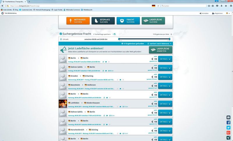Clickapoint (www.clickapoint.com/) ist eine Allround-Logistik-Plattform. Auf dieser können Nutzer weltweit Transporte, Fracht, Sitzplätze und Mitfahrgelegenheiten suchen oder anbieten. Entsprechend breit ist auch die Preisspanne, zwischen denen aktuelle Angebote auf der Plattform liegen – sie reichen von 5 bis 1000 Euro. Das Portal der GPSoverIP GmbH, Schweinfurt, ist derzeit noch kostenfrei nutzbar und aktuell in 10 Sprachen verfügbar. (Bild: Clickapoint)