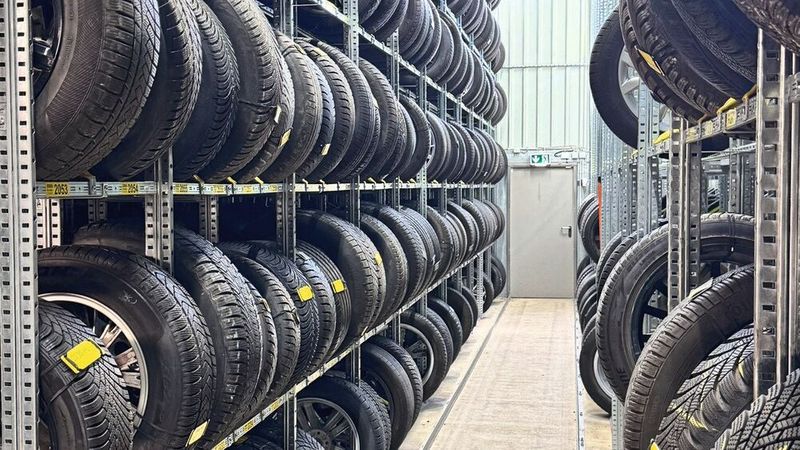 Herzstück der Scholz-Coverhallen sind die Magazin- regale mit stehenden, hintereinander gelagerten Radsätzen für müheloses Ein- und Ausrollen. Kunststoffummantelte Streben schützen teure Alufelgen, und als Komplettdienstleister hat Scholz auch eine eigene Räderlogistik parat.(Bild:  Schreiner – VCG)