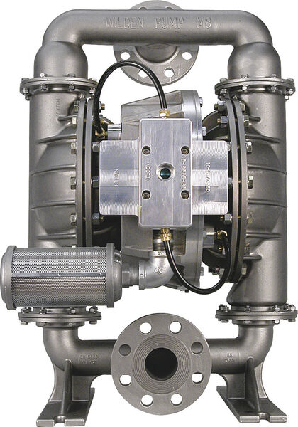 Wilden's H800 is constructed of stainless steel or ductile iron and creates a 3:1 pressure ratio with a maximum air inlet pressure of 5.9 bar (85 psi) and maximum discharge pressure of 17.2 bar (250 psi) while delivering flow rates up to 359 L/min (95 gpm). It can handle solids up to 12.7mm (1/2”) at operating temperatures to 225ºF (107ºC). (Picture: Wilden)