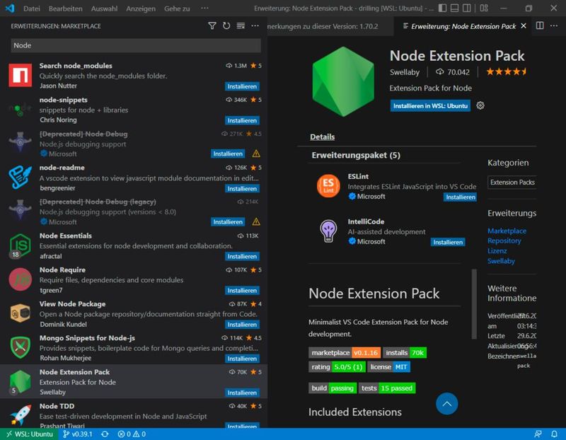 Das Node-Extension Pack für WSL.