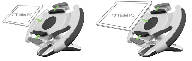 Die flexible Halterung des Lenkrads kann an Tablets zwischen sieben und zehn Zoll angepasst werden. (Bild: Kosatec)