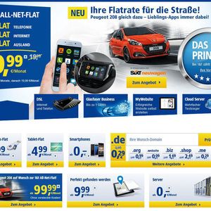 1&1 bewirbt das gemeinsame Angebot mit Sixt prominent auf der Startseite des eigenen Webauftritts.
