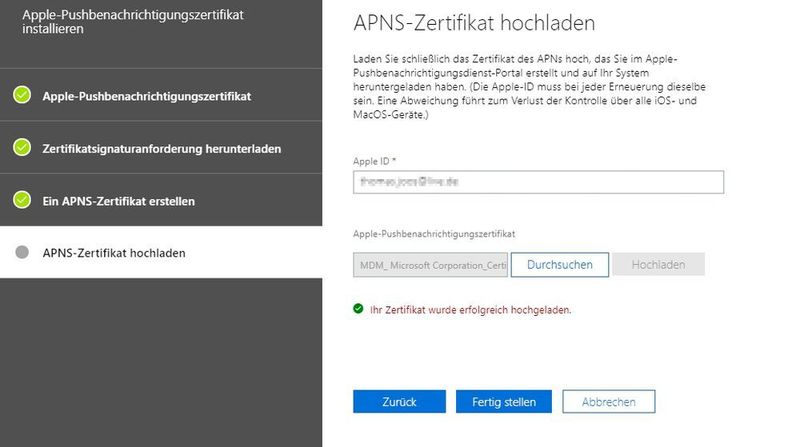 Das bei Apple heruntergeladene Zertifikat wird in Office 365 hochgeladen. (Joos / Microsoft)