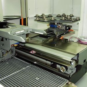 Bild 1: Die linearen Hub- und Verfahrbewegungen im Palettenwechselsystem des kompakten Produktionssystems C 20 UP sind mit Kugelschienenführungen und Kugelgewindetrieben von Rexroth gelöst.