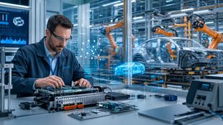 KI verändert den Alltag und den Arbeitsplatz. Dabei sind die Deutschen sehr gespalten, was den Einsatz künstlicher Intelligenz im Beruf betrifft. Bitkom-Präsident Dr. Ralf Wintergerst spricht sich dennoch für eine verstärkte Offenheit gegenüber des Einsatzes aus. Schließlich habe gerade der Nutzen von KI in Simulation und Modellierung die Entwicklung neuer Fahrzeuge in der chinesischen Automobilbranche drastisch verkürzt. (Bild: Dall-E / KI-generiert)