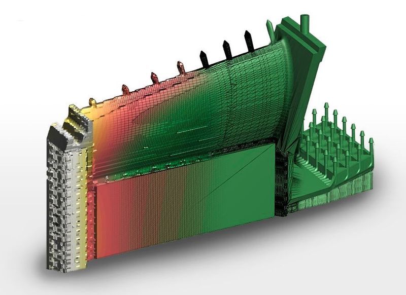Berechnetes Verzugsfeld für eine mit dem DMLS-Verfahren hergestellte instrumentierte Statorschaufel aus Ti64 nach Trennung von der Bauplattform.  (Additive Works)