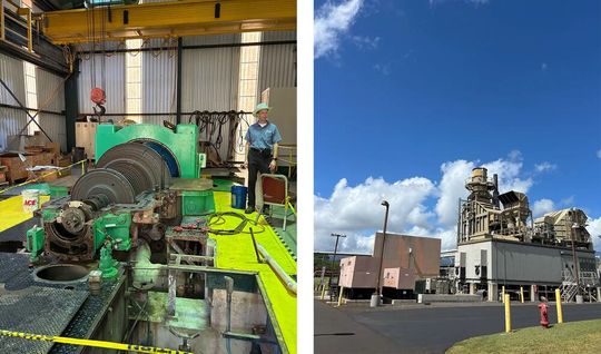 Left: KIUC’s Richard “RV” Vetter, KIUC’s Port Allen power station manager, stands by a generator shaft under repair. Right: The oil-fired generator that tripped initially triggering the grid oscillations. Kauai island still contains oil-fired generation for baseline power and also uses technologies like synchronous condensers, which are spinning reserves that supplement mechanical inertia. (Source:  Connor O’Neil, National Laboratory of the Rockies)