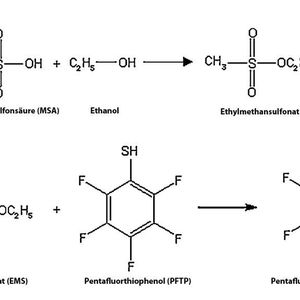 Abb. 2: A: In Gegenwart niedermolekularer Alkohole können unter ungünstigen Bedingungen aus Sulfonsäuren Alkylsulfonate entstehen. B: Derivatsierung von EMS mittels PFTP. 
