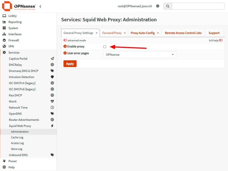 Die Administrationsoberfläche des Squid Web Proxy zeigt die initial deaktivierte Proxy-Funktion vor der Aktivierung des Dienstes. (Bild: Joos)