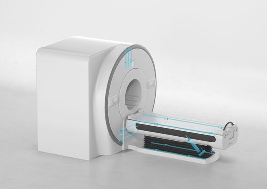 Präzise Lineartechnik im Computertomographen: Kugelbüchsenführungen im Gantry-Gehäuse, Kugelschienenführungen für einen exakten, ruhigen und gleichmässigen Vorschub des Patiententischs und ein elektromechanischer Zylinder für die Höhenverstellung. (Bild:  Bosch Rexroth)