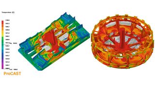 Abb. 1: Ergebnisse der Giesssimulation einer Türrahmenkomponente (links) und eines Triebwerksgehäuses (rechts). (Bild: ESI)