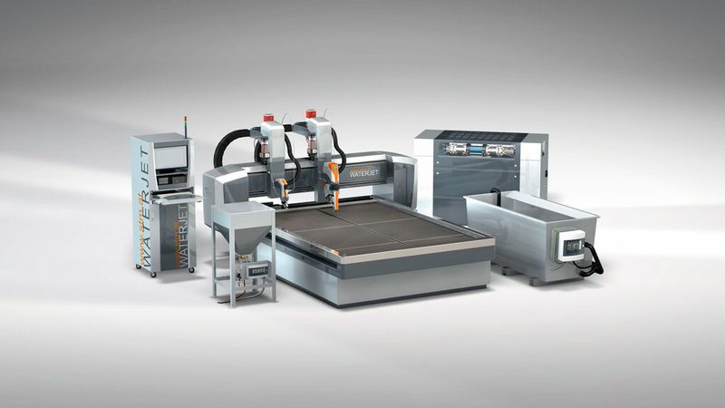 STM macht sowohl Reinwasser- als auch Abrasivschneiden und kombiniertes paralleles 2D- und 3D-Schneiden mit mehreren Schneidköpfen zur effizienten Fertigungsmethode. (Bild: STM)