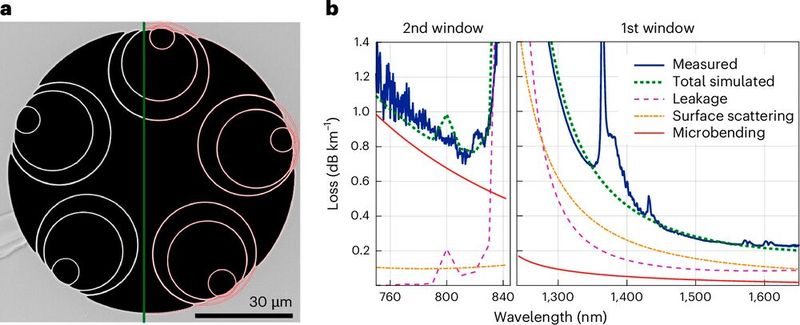 Hohlkernfaser unter dem Elektronenmikroskop: Abgleich von Simulation und Messung bestätigt die extrem geringe Dämpfung der neuen Breitband-Hohlkernfaser über einen weiten Wellenlängenbereich. Links ist der Querschnitt einer Double-Nested Antiresonant Nodeless Fibre (DNANF) zu sehen; die markierten Kanten der röhrenförmigen Resonatoren dienen der Kalibrierung des Verlustmodells. Rechts zeigen Messung und Simulation, wie Leckage, Oberflächenstreuung und Mikrobiegeverluste die Dämpfung in den ersten beiden antiresonanten Übertragungsfenstern prägen.  (Bild: International License: Petrovich, M. N.; Fokoua, E. N./Nature Photonics [1] – Creative Commons Attribution 4.0)