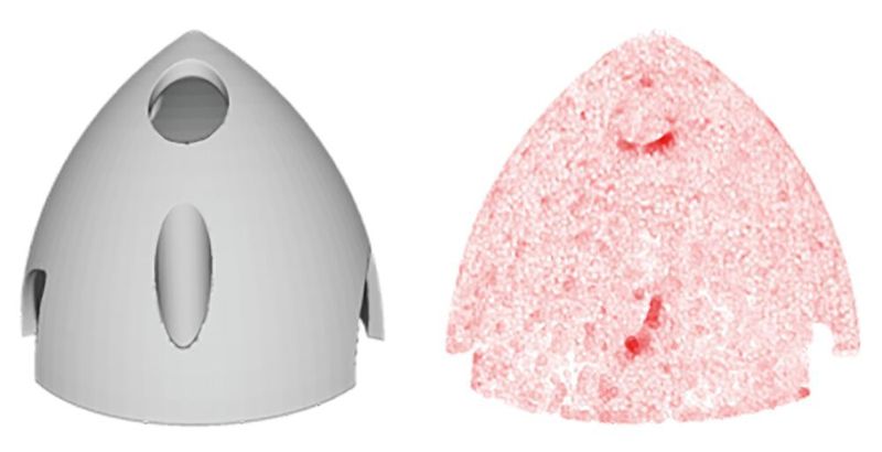 Das Originalmodell (l.) und die generierte Heatmap zur Visualisierung der kritischen Bereiche des 3D-Modells in Bezug auf die Wanddicke (r.). Besonders kritische Bereiche sind durch dunkle Rottöne markiert. (Protiq)