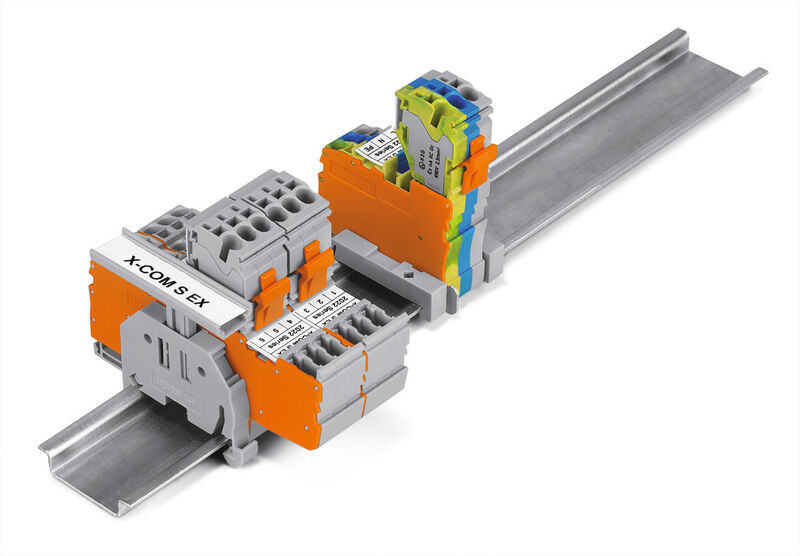 Approval for use in Zone 2 Ex area now greatly expands the range of applications for Wago’s pluggable X-Com S DIN-rail terminal block system. (Picture: Wago)