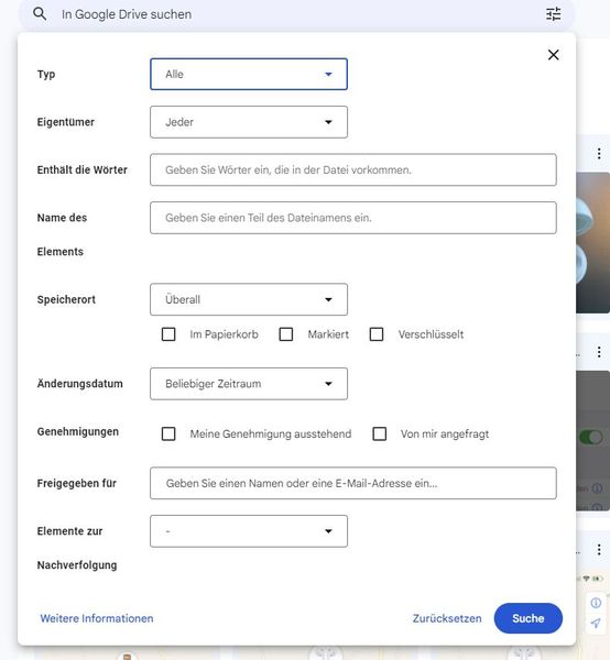 Das erweiterte Suchfenster in Google Drive. (Bild: Joos - Google)