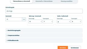 Die Eingabe im Online-Passungsrechner: Aus Nennmaß und Toleranzklasse werden schnell Mintest- und Höchstmaß, Grenzabmessungen, Toleranzfeld und Übermaß ermittelt (Bild: Instawerk)