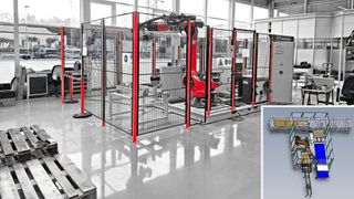 Maximale Wertschöpfung durch präzise, automatisierte Zerlegung: die Sondermaschine für Paletten-Recycling von BHV-Automation. Das System besteht aus einem Industrieroboter mit Systemgreifer, einer speziell entwickelten 
Sägeeinheit und einer intelligenten Software.  (Bild:  BHV-Automation)