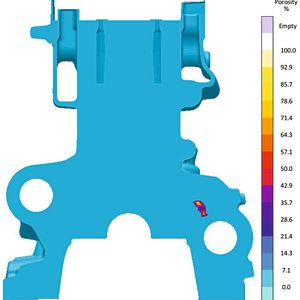 Mit Magmasoft simuliertes Gussteil. Die Anwender konnten den Fehler nachvollziehen, lokalisieren und begründen. Die Simulation zeigt hier den Bereich, in dem die Porosität entstand.(Bild:  Magma)
