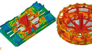 Abb. 1: Ergebnisse der Giesssimulation einer Türrahmenkomponente (links) und eines Triebwerksgehäuses (rechts). (Bild: ESI)