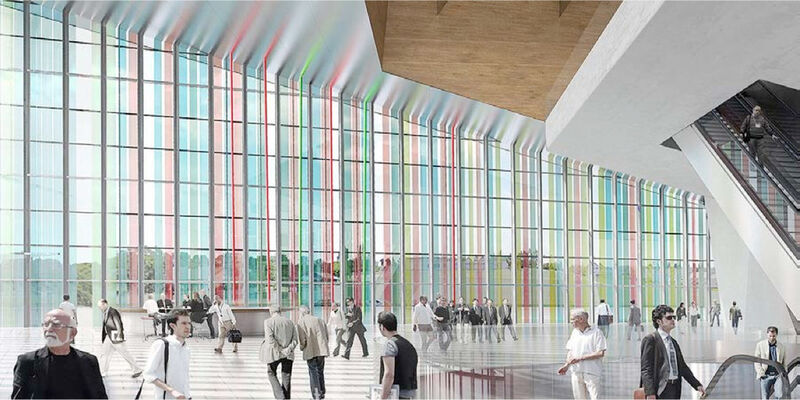 Façade de verre fabriquées à partir de cellules Grätzel transparentes, installées dans le futur Swiss Tech Convention Center. (Image de synthèse : Richter-Dahl Rocha & Associés et Catherine Bolle)